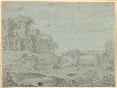 Ruiner med utsikt över floden med bro av Adriaen Pietersz. van de Venne