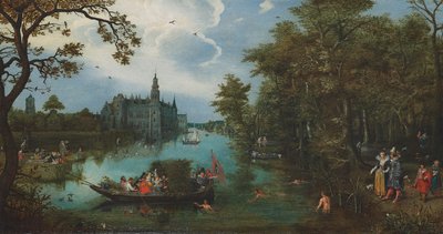 Sommarlandskap med båtgrupp och badgäster av Adriaen Pietersz. van de Venne