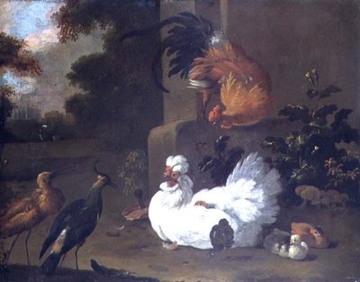 En Ruft, en Lapwing och höns vid ett monteringsblock av Adriaen van Oolen