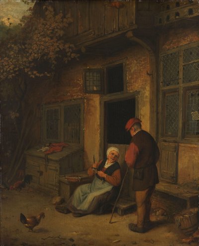 En kvinna som rensar sill framför sitt hus av Adriaen van Ostade (copy after)