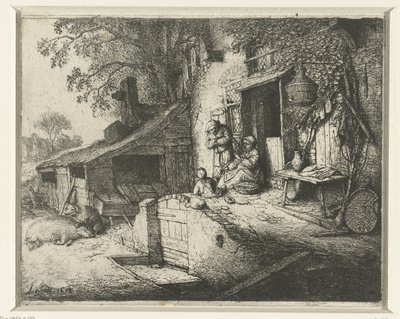 Spinnande kvinna framför ett hus Den snurrande kvinnan vid dörren av Adriaen van Ostade (signed by artist)