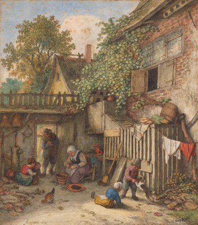 En innergård där en kvinna rensar musslor av Adriaen van Ostade