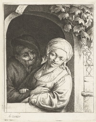 Bonde och bondhustru som kärlekspar i en dörröppning Bondens kärlekspar bondefrieri av Adriaen van Ostade