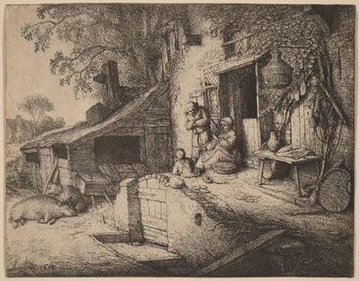 Gård med en bondefamilj utanför ytterdörren, kvinnan spinner av Adriaen van Ostade