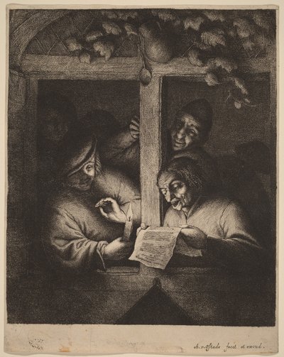Fyra män vid ett fönster, en läser från ett blad i stearinljus av Adriaen van Ostade