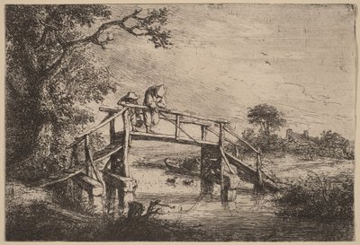 Landskap med en bro och två fiskare av Adriaen van Ostade