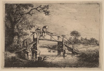 Landskap med en bro och två fiskare av Adriaen van Ostade