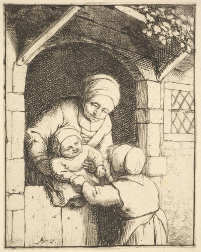 Liten flicka som leker med en bebis i sin mors armar, 1610-85. av Adriaen van Ostade