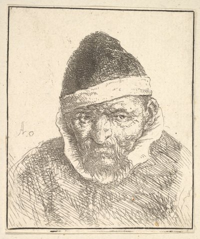 Gammal man med vit krage och spetsig hatt av Adriaen van Ostade