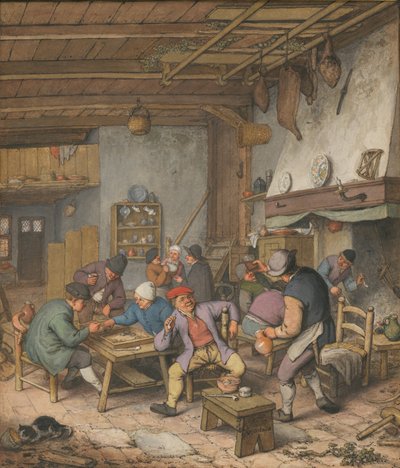 Rum i ett värdshus med bönder som dricker, röker och spelar Backgam, 1678 av Adriaen van Ostade