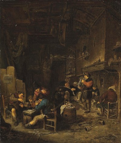 Tavernainredning med bönder som spelar kort, röker och dricker av Adriaen van Ostade