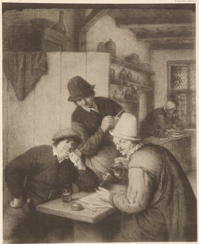Tre bönder och en kvinna vid ett bord av Adriaen van Ostade