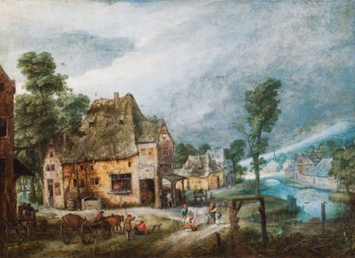 En by vid en flod med figurer (olja på koppar) av Adriaen van Stalbemt