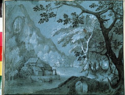 Landskap av en fjällsjö med en kvarn (Landskap med en kvarn vid fjällsjön). Teckning av Adriaen Van Stalbemt (1580-1662). Grisaille på papper av Adriaen van Stalbemt