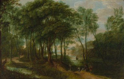 Vandrare i en undervegetation, arkitektur i bakgrunden av Adriaen van Stalbemt