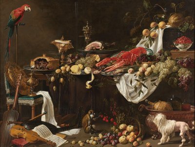 Bankett stilleben Pronk stilleben med en papegoja, hund och apa av Adriaen van Utrecht