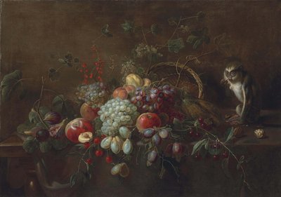 Vindruvor, äpplen, plommon, fikon och annan frukt på ett delvis draperat träbord, en apa äter valnötter vid en uppochnedvänd flätad korg av Adriaen van Utrecht