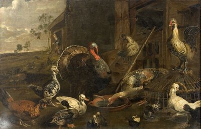 Höns, ankor och en kalkontupp av Adriaen van Utrecht