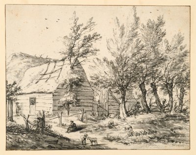 Bondgård bakom en rad hamlade pilar av Adriaen van de Velde