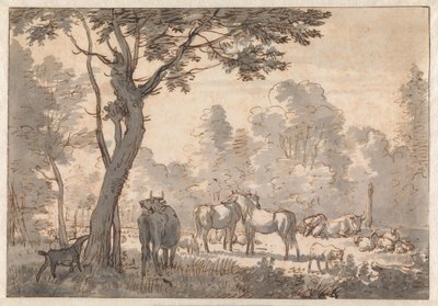 Trädbevuxet landskap med hästar, kor och getter av Adriaen van de Velde