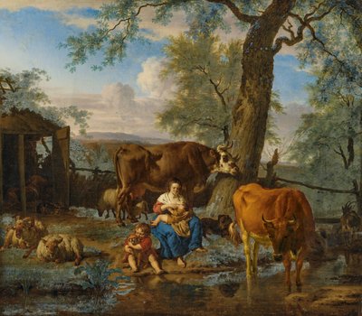 Nötkreatur med ammande kvinna och barn som leker med en hund av Adriaen van de Velde