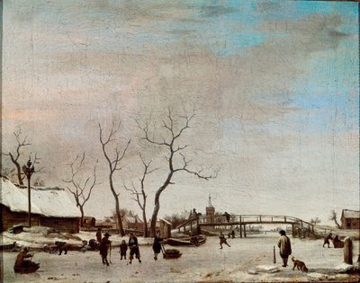 Riviere Gelee med skridskoåkare Målning av Adriaen Van de Velde le jeune (1636-1672) 1668 Dim. 23x30 cm Paris, Musée du Louvren av Adriaen van de Velde