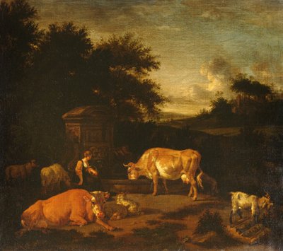 Herdinna och en förare med sina flockar vid en klassisk fontän i ett skogslandskap av Adriaen van de Velde