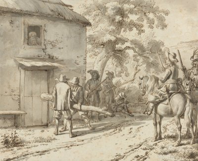 Soldater tvingar fram en dörr, 1669 (penna- och bläckritning) av Adriaen van de Velde