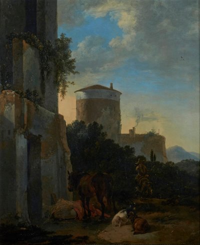 En italiensk bygata med en häst, getter och en man på en åsna av Adriaen van der Cabel