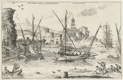 Hamn Hamnutsikt i söder Landscapes, serie två (serietitel) av Adriaen van der Kabel