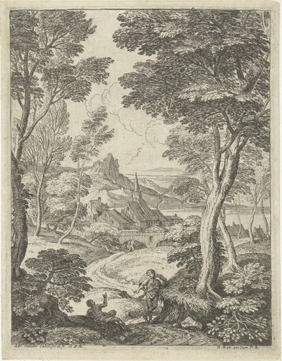 Landskap med spetsigt torn Landskap med herdar (serietitel) av Adriaen van der Kabel