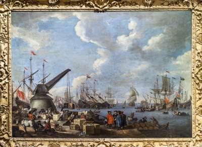 Vy över en hamn av Adriaen van der Kabel