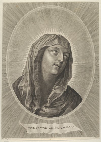 Jungfruns huvud tittar upp till höger, i en oval ram, efter Reni, ca. 1..., ca. 1650-67. av Adrian van Melar