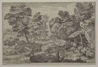 Landskap med herdar och två flockar av Adrian van der Cabel