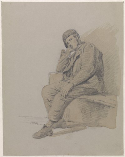 Figurstudie av en sittande man som bär hatt av Adrianus Eversen