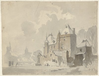 Utsikt över ett tänkt(?) slott nära en stad av Adrianus Eversen