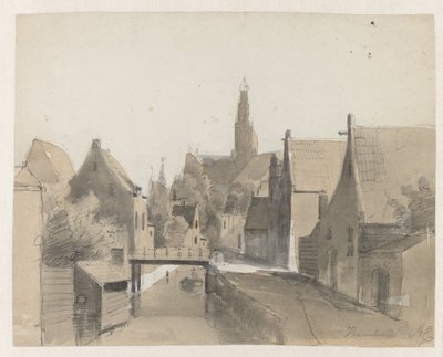 Vy över en kanal i Haarlem, i bakgrunden St. Bavo Haarlem (titel på objekt) av Adrianus Eversen