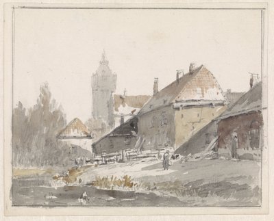 Utsikt över hus i utkanten av en stad av Adrianus Eversen
