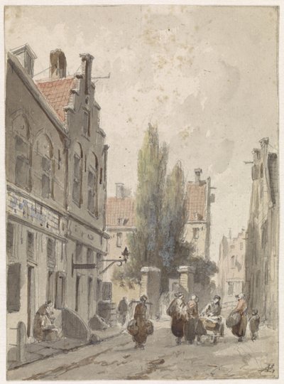 Stadsbild med en handlare av Adrianus Eversen