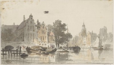 Stadsbild med kanal av Adrianus Eversen