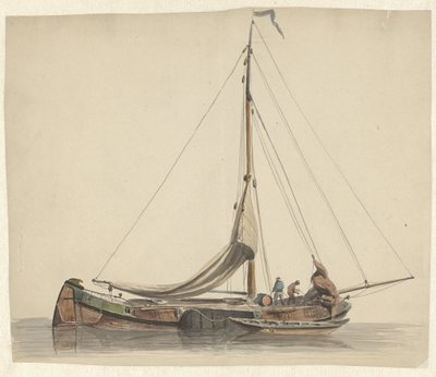 Två män som arbetar på en platt botten med sänkta segel av Adrianus Eversen