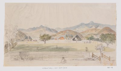 Landskap och utsikt över hus och bytorg, västra Java av Adrianus Johannes Bik