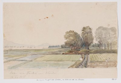 Landskap med väg från Tangkil till Cirebon och utsikt över väggården (ankaret) i Cirebon, västra Java av Adrianus Johannes Bik