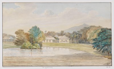 Landskap med hus och damm, västra Java av Adrianus Johannes Bik