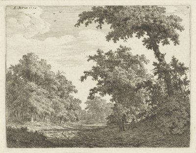 Vilande resenärer längs en väg i skogen av Adrianus Serné