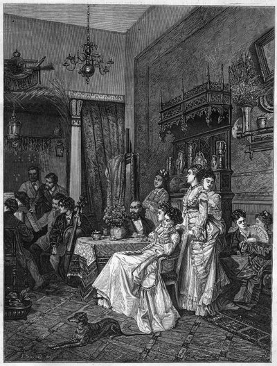 Amatörkonsert i en artists studio. Gravyr efter målningen av Adrien Moreau (1843-1906) i "The Illustrous Universe"" av Adrien (after) Moreau