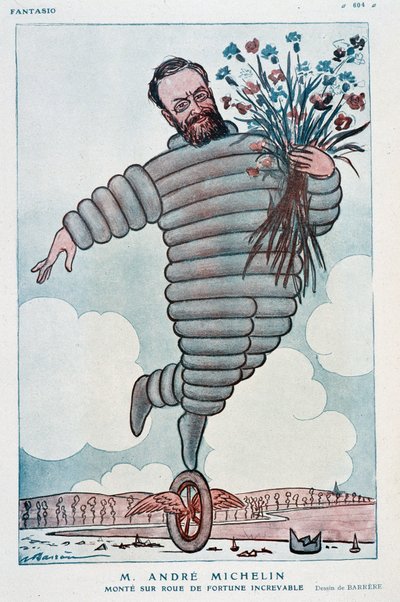 Tecknad av Andre Michelin och Bibendum - Illustration av Adrien Barrere (1877-1931) i "Fantasio" från 1923-07-01 av Adrien Barrere