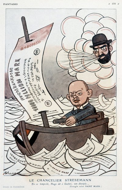 Tecknad film om den tyske förbundskanslern Gustav Stresemann (1878-1929) och märkets devalvering - Illustration av Adrien Barrere (1877-1931) i "" Fantasio""" av 1923-11-01 av Adrien Barrere
