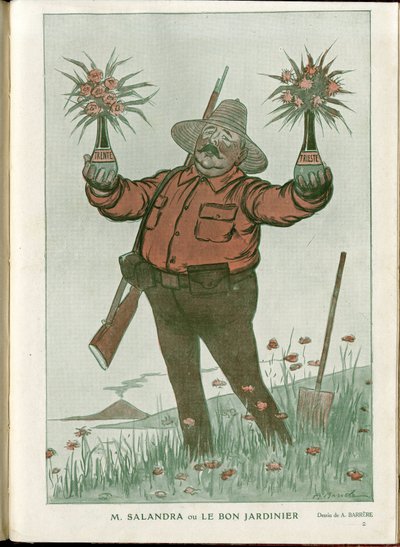 Illustration av A Barrere (1874-1931) i "" Fantasio""", 01/06/15 - Mr. Salandra or the Good Gardener - War of 14 -18, Italien, Vin, Neutralitet, Blommor, Vulkanutbrott, Ordförande för rådet, Trieste - Salandra Antonio av Adrien Barrere