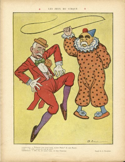 Illustration av A Barrere (1874-1931) i Le Rire, 22/02/13 - Cirkusspel - Clemenceau George, Pams Jules (1852-1930), Cirkus, Karneval/Spel/Cirkus av Adrien Barrere